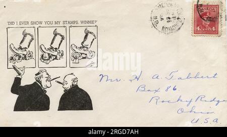 Franklin D. Roosevelt to Winston Churchill, 'Did I ever show you my stamps, Winnie?' - WW2 cartoon postal cover envelope, with Canadian stamp and postmark, with boots stamping on Hitler, Mussolini and Hideki Tojo Stock Photo