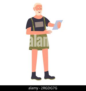 Senior man using tablet. Old people and modern gadgets, retired man vector illustration Stock Vector