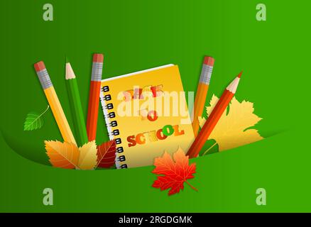 Concept of return to school, knowledge day, September 1, school supplies in a pocket, multi-colored bright stationery. On green background with shadow Stock Vector