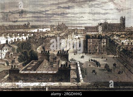 Bird's-eye view of Westminster before the destruction and rebuilding of the Houses of Parliament. Stock Photo