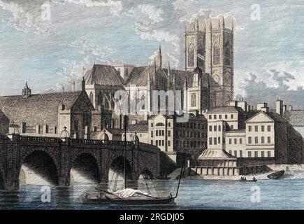 Westminster Abbey viewed from the Thames, with Westminster Hall and other buildings, before the rebuilding of the Houses of Parliament. Stock Photo