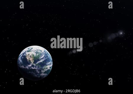 View of planet Earth in open black space and shining sun in the background. 3D Rendering Illustration science concept idea in 8K resolution Stock Photo