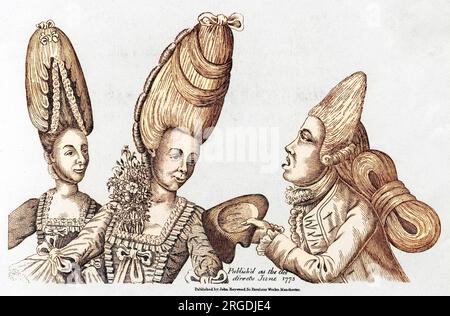 A satire on dandyish fashions of 1773. A Macaroni gentleman wearing a ridiculously long wig in which the hair is tied in a bundle down his back, tips his hat to two ladies with equally exaggerated tall wigs, one of whom wears an entire bunch of flowers in her bosom. Stock Photo