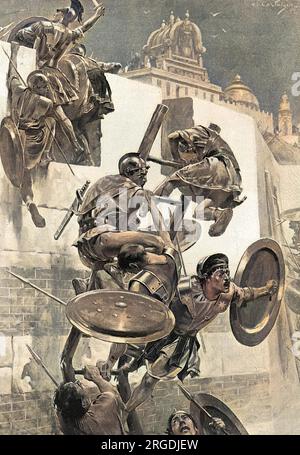 Soldiers, enthused by Alexander the Great's example, swarm up a ladder, used to attack the fortified city walls of the Mallians. The ladder breaks under their weight, leaving their leader open to attack on the ramparts, but instead of leaping back to safety, Alexander fights on, into the enemies' midst: an example of his bravery, and rashness. Stock Photo