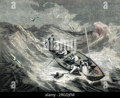 A lifeboat of the 1830s, encountering a storm. Stock Photo