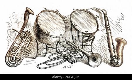 The new saxhorn, trombone and saxophone: musical instruments developed by Adolphe Sax. Stock Photo