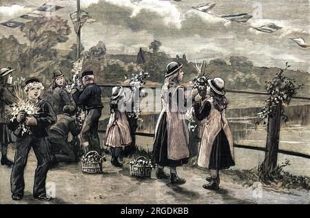 Children decorating Wootton Bridge in Cowes on the occasion of the wedding between Princess Beatrice (youngest child of Queen Victoria and the Prince Consort) and Prince Henry of Battenberg. Stock Photo