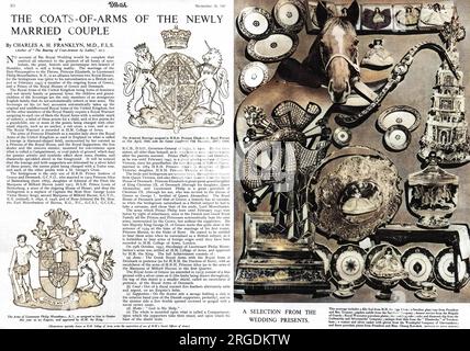 The coat-of-arms of the newly married couple, Princess Elizabeth and Lieutenant Philip Mountbatten. The opposite pages shows a selection of wedding presents, including a filly foal from H.H. the Aga Khan, a Steuben glass vase from President Truman and an antique fruit dish from the 'Elizabeths' of Twickenham. Stock Photo