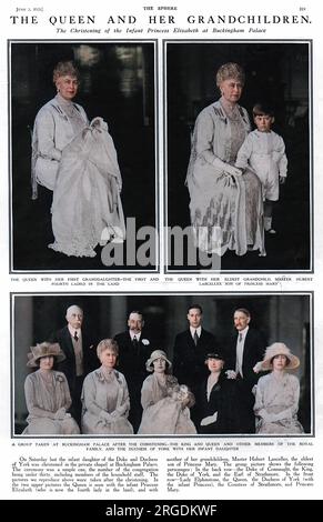 Photographs taken at the christening of Princess Elizabeth; Queen Mary seen with the infant princess and with her eldest grandchild, Master Hubert Lascelles. Below, a group photograph taken at Buckingham Palace after the christening: In the back row- the Duke of Connaught, the King, the Duke of York, and the Earl of Strathmore. In the front row- Lady Elphinstone, the  Queen, the Duchess of York (with the infant princess), the Countess of Strathmore, and Princess Mary. Stock Photo