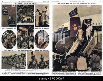 The Queen and Duke of Edinburgh on a tour of Ghana, showing their arrival and welcome at Accra airport, and various scenes from the tour itself. including the Queen and Prince Philip being greeted by President Nkrumah and tribal chiefs waiting to meet the Queen at the airport. Stock Photo