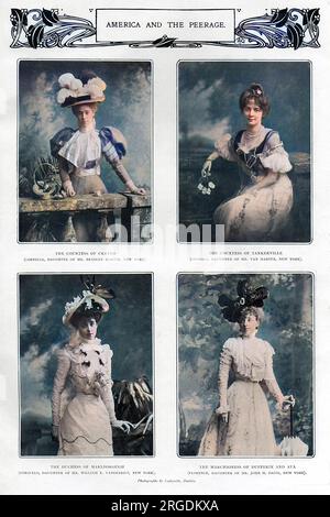 Page from a supplement in The Sketch magazine featuring portraits of four wealthy American heiresses who married into the British nobility.  Clockwise from top left: The Countess of Craven (Cornelia, daughter of Mr Bradley Martin, New York), The Countess of Tankerville (Leonora, daughter of Mr Van Marter, New York), The Marchioness of Dufferin and Ava (Florence, daughter of Mr John H. Davis, New York) and The Duchess of Marlborough (Consuelo, daughter of Mr William K. Vanderbilt, New York).