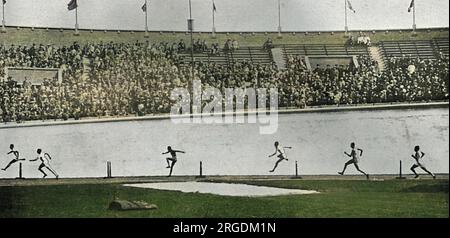 The final of the 400 metres hurdles at the 1928 Amsterdam Olympic Games, showing Lord Burghley silhouetted against the concrete banking of the stadium racing his way to a gold medal victory.  David George Brownlow Cecil, 6th Marquess of Exeter (1905 - 1981), Lord Burghley was an athlete, sports official and Conservative party politician.  As an athlete, Burghley was a very keen practitioner who placed matchboxes on hurdles and practised knocking over the matchboxes with his lead foot without touching the hurdle. In 1927, his final year at Magdalene College, Cambridge, he amazed colleagues by s Stock Photo