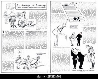 Cartoon story, An Attempt on Antwerp, illustrating an attempt on the part of the journalist 'Jingle' and the artist Norman Morrow to obtain passports in order to visit Antwerp at their editor's request to report on events during the early part of the First World War.  Thanks to the impossible bureaucracy in force at the time, they fail in their attempt. Stock Photo