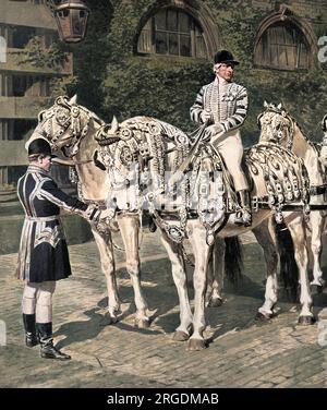 Am impression by Fortunino Matania of the famous Windsor Greys ready harnessed in the stableyard before taking the State coach round to the Palace entrance where they will transport King George VI to his Coronation at Westminster Abbey.  Note the shining gilt studs and medallions bearing the Royal arms set on a background of imperial purple. Stock Photo