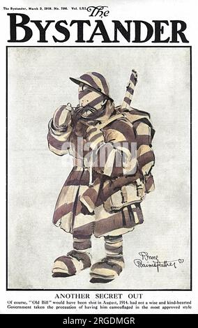Front cover of The Bystander featuring Old Bill, the cartoon soldier character created by Captain Bruce Bairnsfather, attired in a uniform of dazzle camouflage.  The caption reads, 'Another secret out.  Of course, 'Old Bill' would have been shot in August, 1914, had not a wise and kind-hearted Government taken the precaution of having him camouflaged in the most approved style.'  The revelation about dazzle camouflage resulted in an interest in the concept after the war. Stock Photo