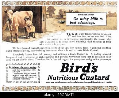 Advertisement for Bird's 'Nutritious' Custard, featuring an illustration of a land girl milking a cow and advice on nutrition suggesting that it uses milk to best advantage and to help out the sugar ration, serve Bird's custard which includes two good tablespoons of sugar. Stock Photo