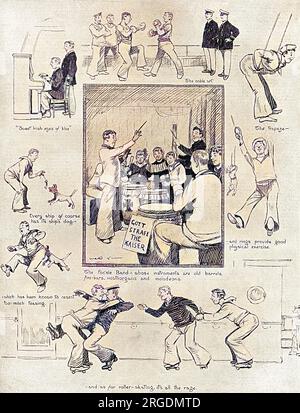 Sketches of scenes on board an armed liner during the First World War by the artist Arthur Watts who was in the Royal Naval Volunteer Reserve.  Pictures show sailors boxing, playing the piano, improvising a trapeze and rings as exercise, roller-skating and holding an impromptu concert with instruments made from barrels and other finds. Stock Photo