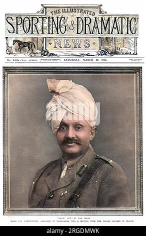 Ranjitsinhji Vibhaji (1872 - 1933), Indian prince and Test cricketer who played for the Sussex English cricket team.  Photographed on the front cover of the Illustrated Sporting & Dramatic News in the uniform of the Indian Cavalry with whom he was serving in France during the First World War.  The magazine employs a play on cricketing terms with their caption of 'Ranji' Out! - At the Front. Stock Photo
