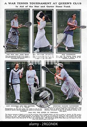 A page from The Tatler reporting with photographs on a tennis tournament held in aid of the Star and Garter Home Fund for Disabled Soldiers, which took place on the 15 July 1916.  It was a mixed doubles tournament and various society people took part including, clockwise from top left, the Hon. Mrs John Ward, Mrs Winston (Clementine) Churchill, Miss Greenwood, Countess Pauline Pappenheim, H.M. The Queen of Portugal and all-round action woman Lady Drogheda with her partner Mr O. G. Toler.   Notable tennis personalities who took part (but who are not pictured) were Dorothea Lambert Chambers and Stock Photo