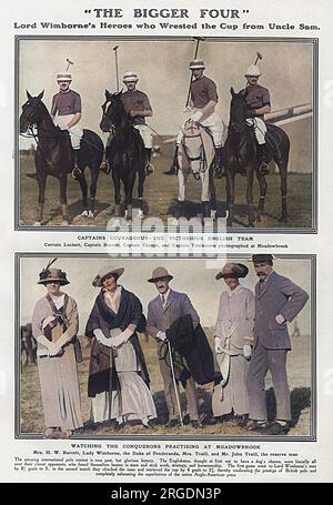 Page from The Tatler reporting on the historic victory of England against America in the International Polo Trophy (Westchester Cup) in June 1914.  The England Team, described as the 'Bigger Four' (a skit against the American Team who WERE known as the 'Big Four), are, from left, Captain Lockett, Captain Barrett, Captain Cheape and Captain Tomkinson.  They are pictured in the top photograph as Meadowbank.  The bottom photograph shows the England supporters - Mr H. W. Barrett, Lady Wimborne, the Duke of Penderanda, Mrs Traill and Mr John Traill, the reserve man. Stock Photo