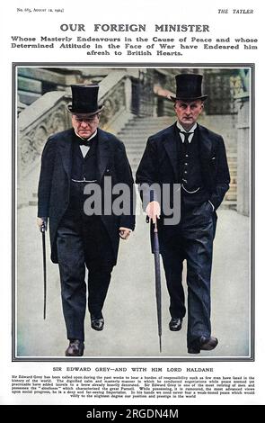 Lord Haldane (Lord Chancellor, formerly Secretary of State for War) and Sir Edward Grey (Foreign Minister) on their way to a Cabinet meeting during the crisis leading up to the First World War. Stock Photo