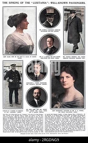 A page from The Sketch reporting on prominent personalities, on board the Lusitania, sunk by a German torpedo on 7 May 1915.  Top left is Lady Allan, wife of Sir Hugh M. Allan of Canada, President of the Merchants' Bank of Canada (saved), Top middle is Alfred G. Vanderbilt, the American millionaire (lost), below that, Mr D. A Thomas, coat-owner and M.P. (saved), top right, Charles Frohman, the famous theatrical manager (lost), bottom right, Lady Mackworth (saved), Bottom middle, Hugh Lane (lost), above him, Commander J. Foster Stackhouse, Antartic explorer, bottom left, Captain W. T. Turner in Stock Photo