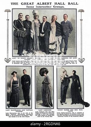 Prominent members of society and notable personalities, pictured in fancy dress at the famous Victory Ball, held at the Royal Albert Hall in November 1918 to celebrate the end of the First World War.  Top photograph shows, from left to right, Colonel Haddo, unknown, Lady Diana Manners (later Cooper, dressed as Britannia), Sir John Lavery, Lady (Hazel) Lavery and General Brancker.  Along the bottom from left to right is Lady Mainwaring and Captain Straker of the Irish Guards, Lady Lisburne (formerly Regina de Bittencourt in a particularly flamboyant headdress), Count Raben-Levetzau, attached to Stock Photo