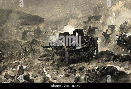 German gunners, entrapped in the rain-sodden earth in the valley of Bellefontaine. attempting to save the guns in a drenching downpour - French infantry advancing to attack. Stock Photo