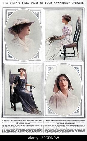 Four wives of awarded officers during the First World War.  From top left, Lady Sybil Grant, the elder daughter of Lord Rosebery and wife of Major Charles John Cecil Grant of the Coldstream Guards who was on Headquarters Staff and made a Companion of the Distinguished Service Order.  Top right, Viscountess Gort, daughter of Mr George Medlicott Vereker married her cousin, Viscount Gort in 1911 who was a Captain in the Grenadier Guards, on the HQ staff and had been mentioned in despatches by Sir John French.  Bottom left is Countess Gleichen, whose husband, Count Gleichen was on Headquarters Sta Stock Photo