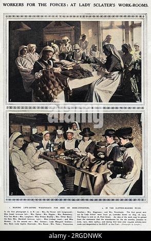 A page from The Sketch showing society ladies hard at work at the work rooms of Lady Sclater at 18 Pont Street, London.  In the top photograph, a group are making life-saving waistcoats for men on mine-sweepers and the second photograph shows the slipper making room.  The first parcel was sent out by Lady Sclater from 40 Lowndes Street on 18 August 1914.   To give some idea of the output, 19,813 ladies attended the work rooms between January and June 1917 and during that six month period, 174,000 articles were made and despatched. Stock Photo