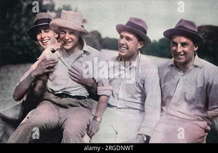 Edward, Prince of Wales (1894-1972), later King Edward VIII and Duke of Windsor, pictured enjoying a moment of relaxation while out tarpon fishing at Colon during his royal tour of 1920.  He is seated on the knee of his friend and cousin, Lord Louis Mountbatten along with two other friends from H.M.S. Renown. Stock Photo