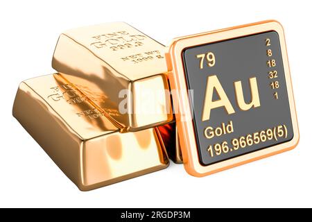 Gold ingots with chemical element icon Aurum Au, 3D rendering isolated on white background Stock Photo