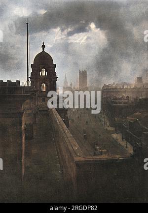 A view from the top of the War Office, down Whitehall towards Westminster, looking suitably ominous in September 1914 with the Great War underway.  From here, the latest news from the Front as well as casualty lists were conveyed. Stock Photo