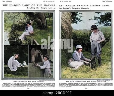 A double page spread of photographs profiling Billie Carleton, (4 September 1896 – 28 November 1918), English musical comedy actress during the First World War. She began her professional stage career at age 15 and was playing roles in the West End by age 18. She appeared in the hit musical The Boy (1917), which led to a starring role in The Freedom of the Seas in 1918. She was found dead (just a few months after these pictures were published), apparently of a drug overdose, the morning after she had appeared at the famous Victory Ball at the Royal Albert Hall, held to celebrate the end of the Stock Photo