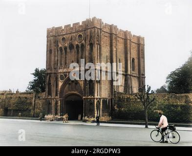 The Abbey Gate, Bury St. Edmunds, Suffolk, England, is all that remans of the once great 11th - 12th century abbey. The gate was destroyed in 1327 and later rebuilt. Stock Photo