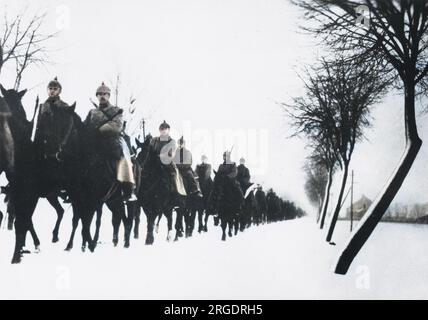 German cavalry advance during the Second Battle of the Masurian Lakes, also known as the Winter Battle of the Masurian Lakes. This was part of Hindenberg's plan to push Russia back beyond the Vistula river with the aim of forcing Russia out of the war and bringing about the end of the war on the Eastern Front. The battle began in a heavy snowstorm on 7 February 1915. By the 22 February, Russian forces had suffered severe losses of troops and territory, but had succeeded in halting the German progress short of their aims. Stock Photo