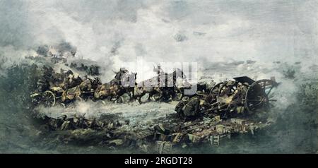 Painting by the Australian war artist Harold Septimus Power (1877-1971), showing artillery going into action before the Battle of Ypres, with soldiers on horseback pulling heavy artillery across a field, and others loading a field gun.  Power specialised in depicting horses on the battlefield.     Date: 31-Jul-17 Stock Photo