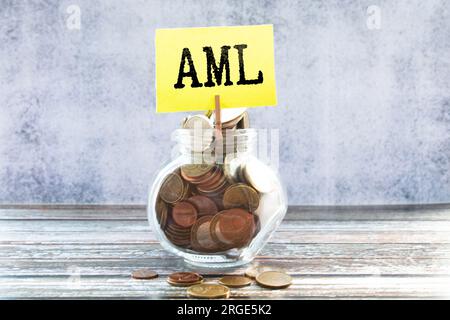 Money bag AML and bank building. Anti Money Laundering concept. Financial monitoring, Identification of suspicious transactions. Business and finance. Stock Photo