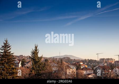 Picture of the panorama of Banjica district in belgrade, Serbia, with the Jajinci district and the Avala tower in background. Banjica is an urban neig Stock Photo