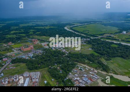 Aerial view of Shaheed Abdur Rob Serniabad Bridge, popularly known as Dapdapia Bridge, over Kirtankhola River on the Barisal-Patuakhali highway. Baris Stock Photo