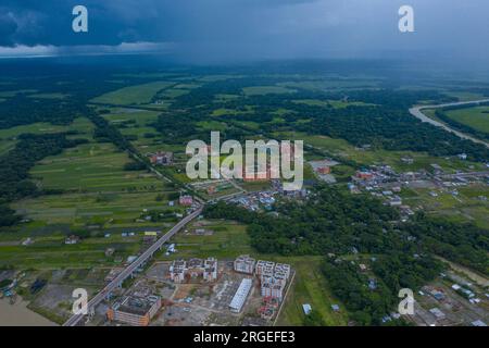 Aerial view of Shaheed Abdur Rob Serniabad Bridge, popularly known as Dapdapia Bridge, over Kirtankhola River on the Barisal-Patuakhali highway. Baris Stock Photo