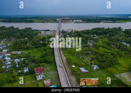 Aerial view of Shaheed Abdur Rob Serniabad Bridge, popularly known as Dapdapia Bridge, over Kirtankhola River on the Barisal-Patuakhali highway. Baris Stock Photo