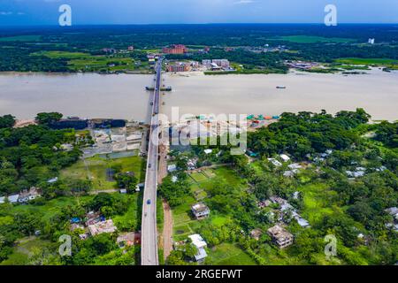 Aerial view of Shaheed Abdur Rob Serniabad Bridge, popularly known as Dapdapia Bridge, over Kirtankhola River on the Barisal-Patuakhali highway. Baris Stock Photo