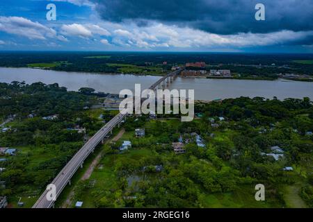 Aerial view of Shaheed Abdur Rob Serniabad Bridge, popularly known as Dapdapia Bridge, over Kirtankhola River on the Barisal-Patuakhali highway. Baris Stock Photo