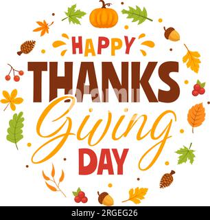 Happy Thanksgiving Day Vector Illustration with Turkey Bird, Pumpkin, Leaves and Many Others Elements Background Flat Cartoon Hand Drawn Templates Stock Vector