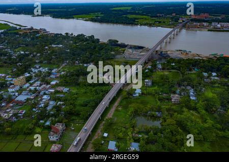 Aerial view of Shaheed Abdur Rob Serniabad Bridge, popularly known as Dapdapia Bridge, over Kirtankhola River on the Barisal-Patuakhali highway. Baris Stock Photo