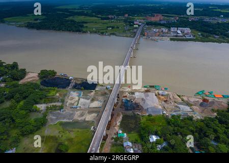 Aerial view of Shaheed Abdur Rob Serniabad Bridge, popularly known as Dapdapia Bridge, over Kirtankhola River on the Barisal-Patuakhali highway. Baris Stock Photo