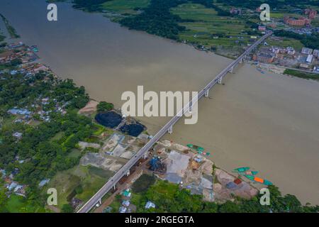 Aerial view of Shaheed Abdur Rob Serniabad Bridge, popularly known as Dapdapia Bridge, over Kirtankhola River on the Barisal-Patuakhali highway. Baris Stock Photo