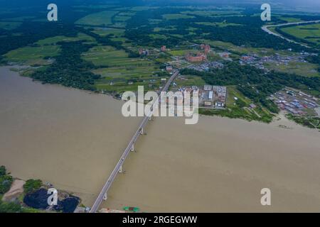 Aerial view of Shaheed Abdur Rob Serniabad Bridge, popularly known as Dapdapia Bridge, over Kirtankhola River on the Barisal-Patuakhali highway. Baris Stock Photo