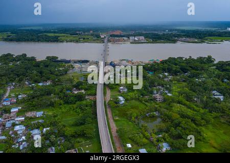 Aerial view of Shaheed Abdur Rob Serniabad Bridge, popularly known as Dapdapia Bridge, over Kirtankhola River on the Barisal-Patuakhali highway. Baris Stock Photo